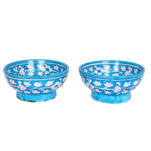 Handcrafted Blue Pottery Round Bowls—Cyan Blue