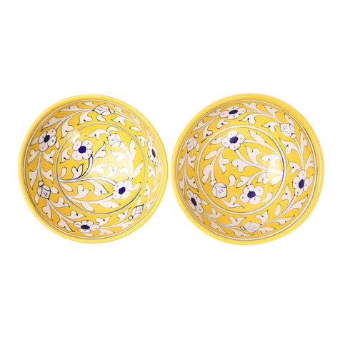 Handcrafted Blue Pottery Round Bowls—Yellow