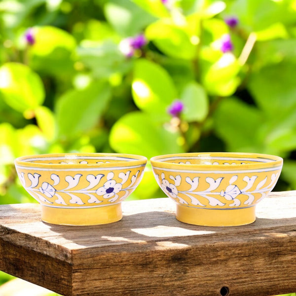 Handcrafted Blue Pottery Round Bowls—Yellow