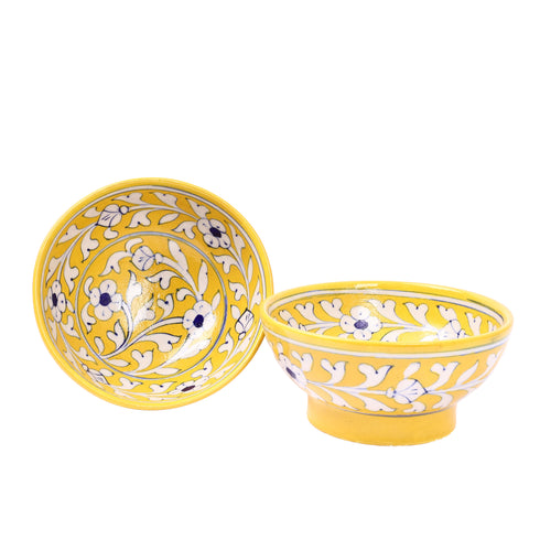 Handcrafted Blue Pottery Round Bowls—Yellow