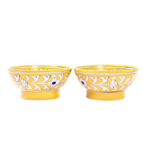 Handcrafted Blue Pottery Round Bowls—Yellow