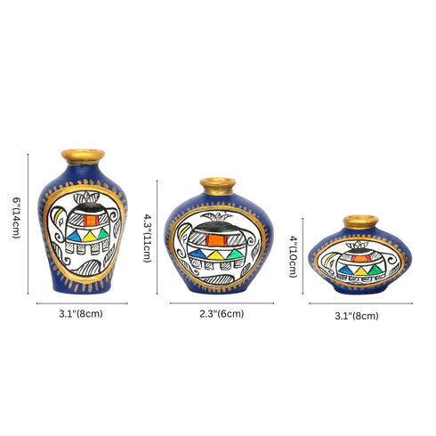Handcrafted Blue Terracotta Pots for Home Decor - Set of 3 - Madhubani Hand Painting