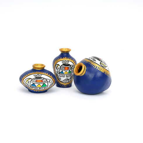 Handcrafted Blue Terracotta Pots for Home Decor - Set of 3 - Madhubani Hand Painting