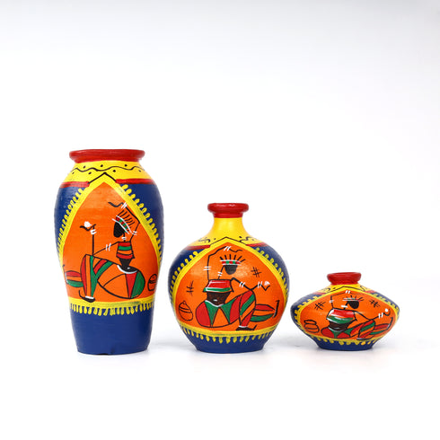 Handcrafted Blue and Orange Terracotta Pots for Home Decor - Set of 3 - Warli Hand Painting