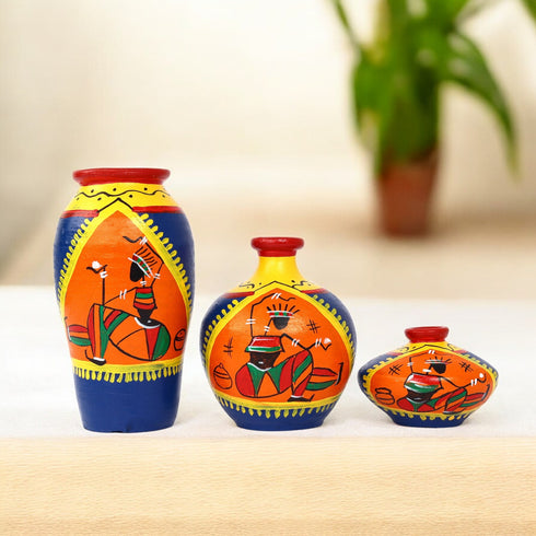 Handcrafted Blue and Orange Terracotta Pots for Home Decor - Set of 3 - Warli Hand Painting