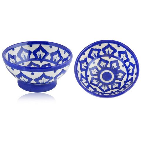 Handcrafted Blue and White Colour Round Blue Pottery Bowls—Set of 2—Floral Pattern—6”