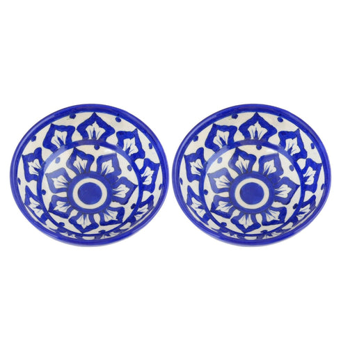 Handcrafted Blue and White Colour Round Blue Pottery Bowls—Set of 2—Floral Pattern—6”