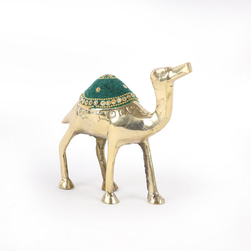 Handcrafted Brass Camel Figurine with Green Stone Embellishment