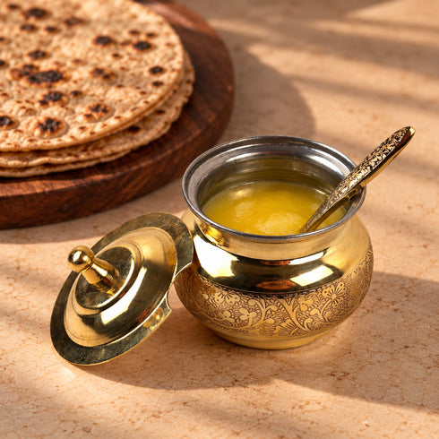 Handcrafted Brass Ghee Pot Tin-Lined with Lid & Spoon