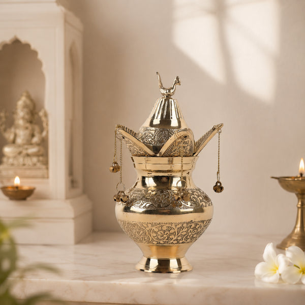 Handcrafted Brass Golden Decorative Kalash with Coconut, Bell and Bird Motif