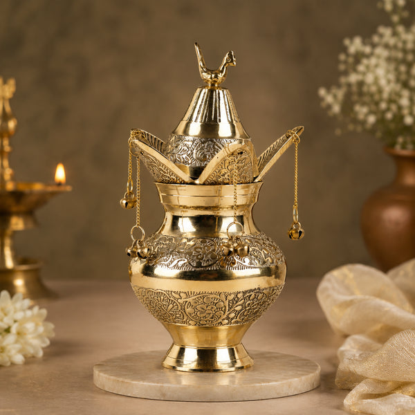 Handcrafted Brass Golden Decorative Kalash with Coconut, Bell and Bird Motif