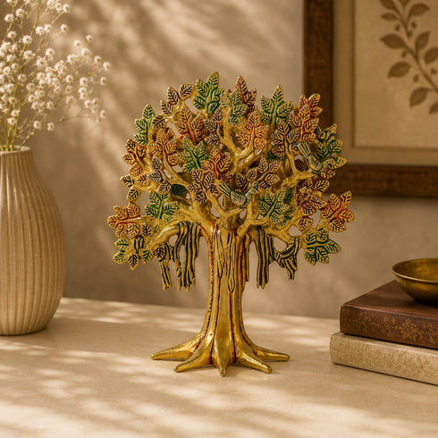 Handcrafted Brass Kalpavriksha Tree with Multi-Coloured Leaves