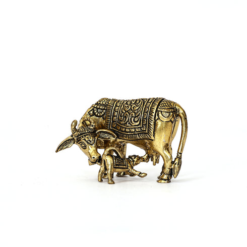 Handcrafted Brass Nandi Cow and Calf Statue Indian Decor