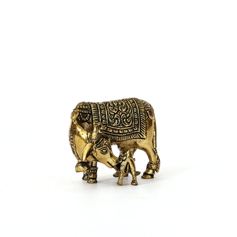 Handcrafted Brass Nandi Cow and Calf Statue Indian Decor