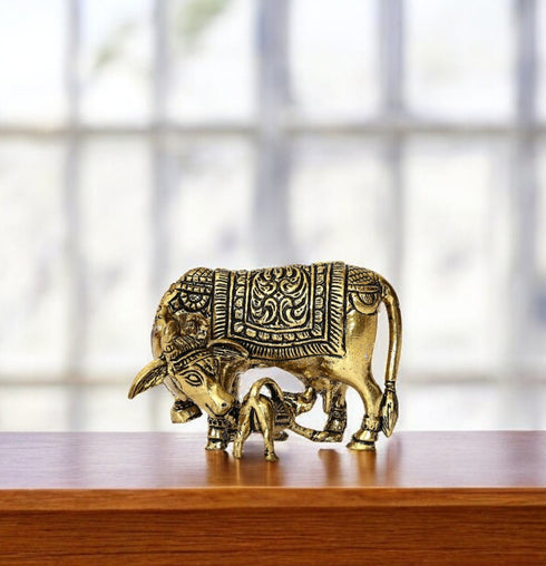 Handcrafted Brass Nandi Cow and Calf Statue Indian Decor