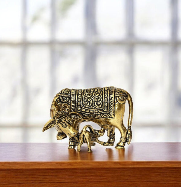 Handcrafted Brass Nandi Cow and Calf Statue Indian Decor