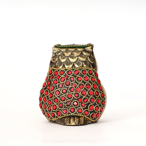 Handcrafted Brass Owl Figurine Red Green Inlay Indian Decor