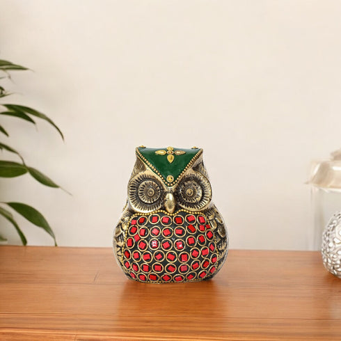 Handcrafted Brass Owl Figurine Red Green Inlay Indian Decor