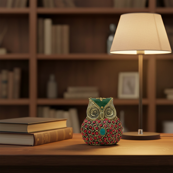 Handcrafted Brass Owl Statue with Hand Enamel Work