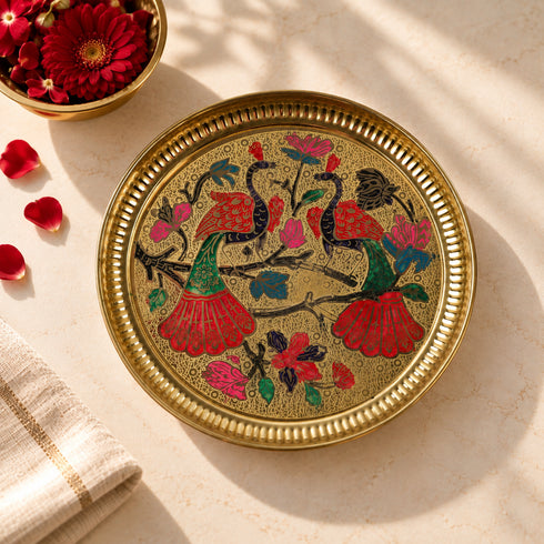 Handcrafted Brass Peacock Design Pooja Thali