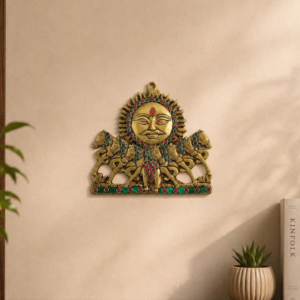 Handcrafted Brass Surya with Seven Horse Wall Hanging