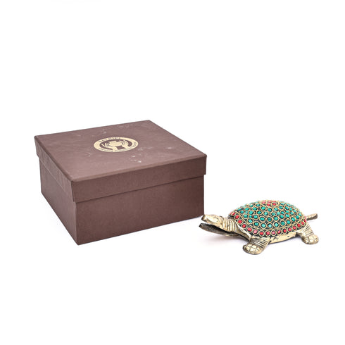 Handcrafted Brass Tortoise (Green Stones) Showpiece