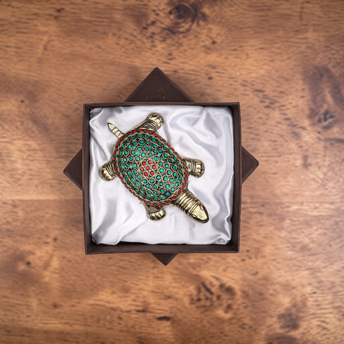 Handcrafted Brass Tortoise (Green Stones) Showpiece