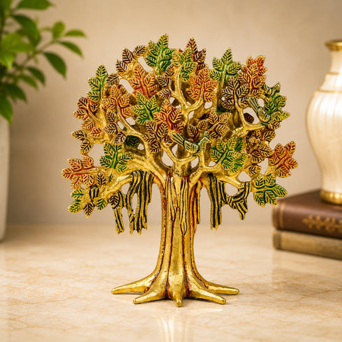 Handcrafted Brass Kalpavriksha Tree with Multi-Coloured Leaves