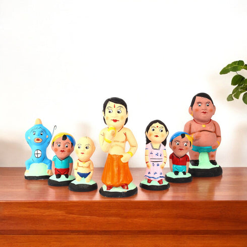 Handcrafted Childhood Cartoon Characters Terracotta Toys - Set of 7