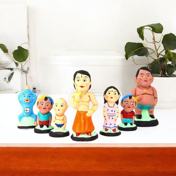 Handcrafted Childhood Cartoon Characters Terracotta Toys - Set of 7