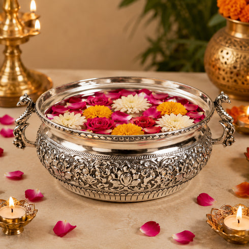 Handcrafted Decorative German Silver Peacock Urli Bowl