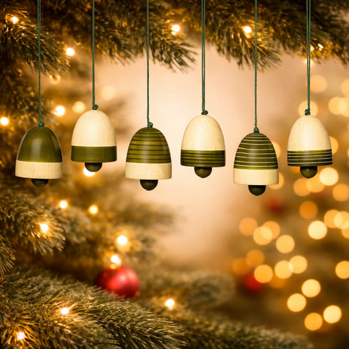 Handcrafted Eco-friendly Green Wooden Bell Hangings for Christmas Decor