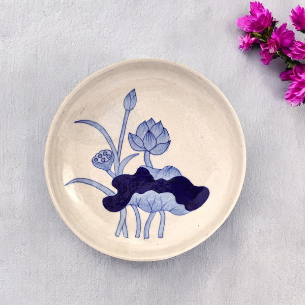 Handcrafted Floral Pattern Blue Pottery Decorative Plate