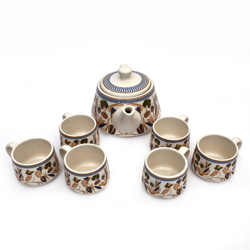 Handcrafted Floral Pattern Ceramic Tea pot Cup set (1 Kettle and 6 cups)