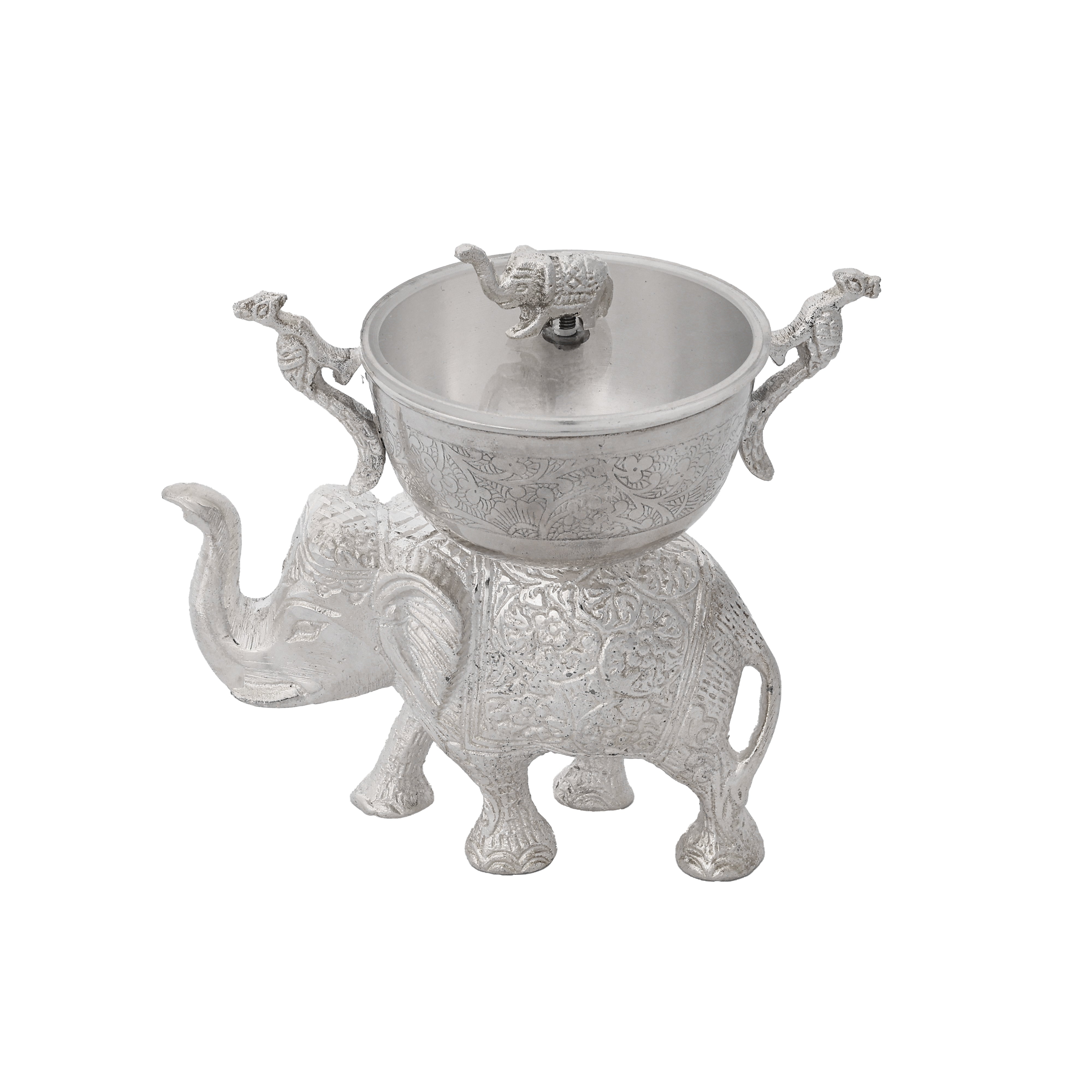 Handcrafted German Silver Elephant Bowl with Lid - Traditional Indian Dry Fruit Bowl for Home Decor & Gifting