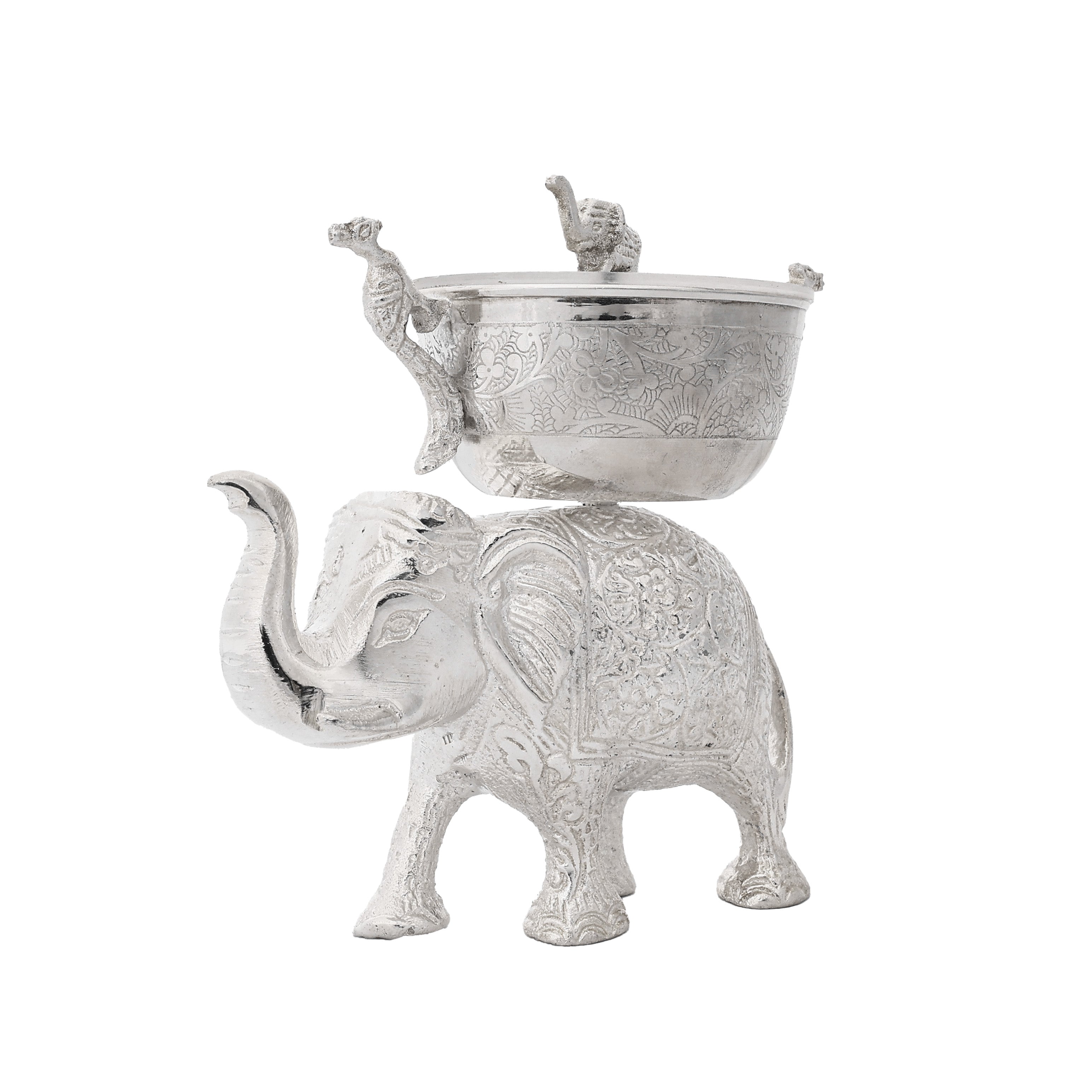 Handcrafted German Silver Elephant Bowl with Lid - Traditional Indian Dry Fruit Bowl for Home Decor & Gifting