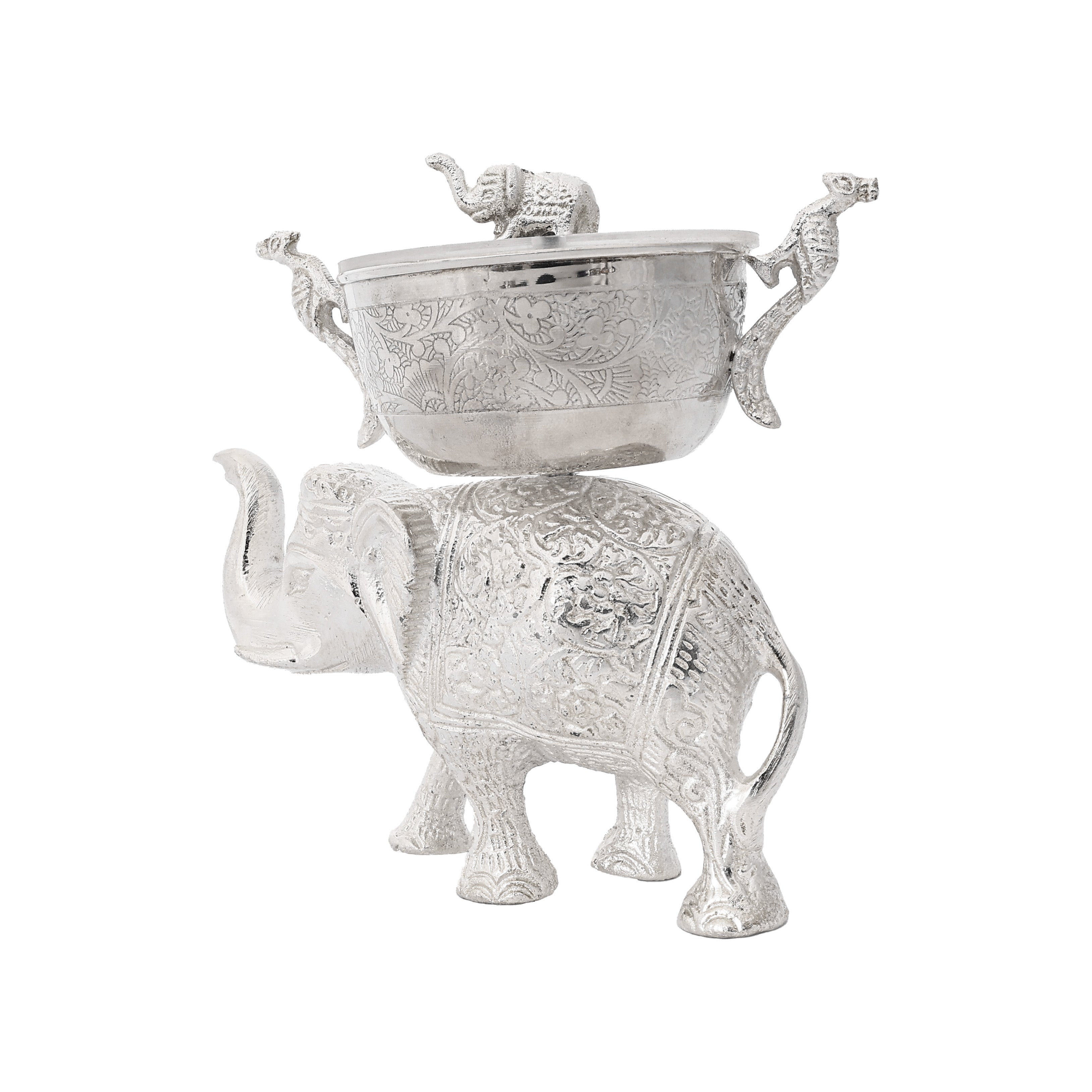 Handcrafted German Silver Elephant Bowl with Lid - Traditional Indian Dry Fruit Bowl for Home Decor & Gifting