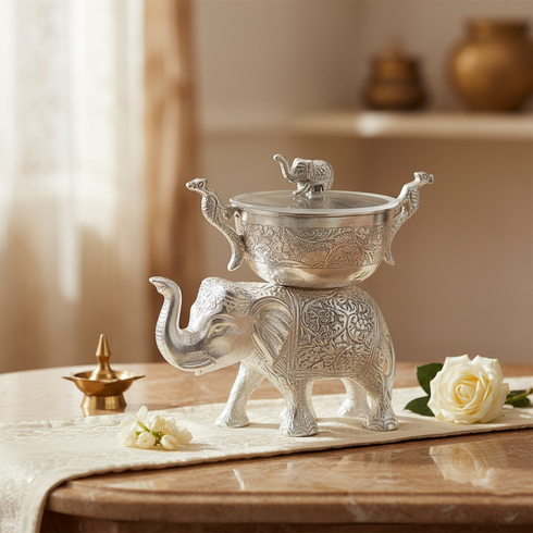 Handcrafted German Silver Elephant Bowl with Lid
