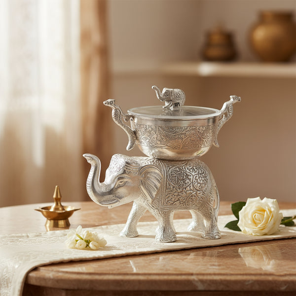 Handcrafted German Silver Elephant Bowl with Lid