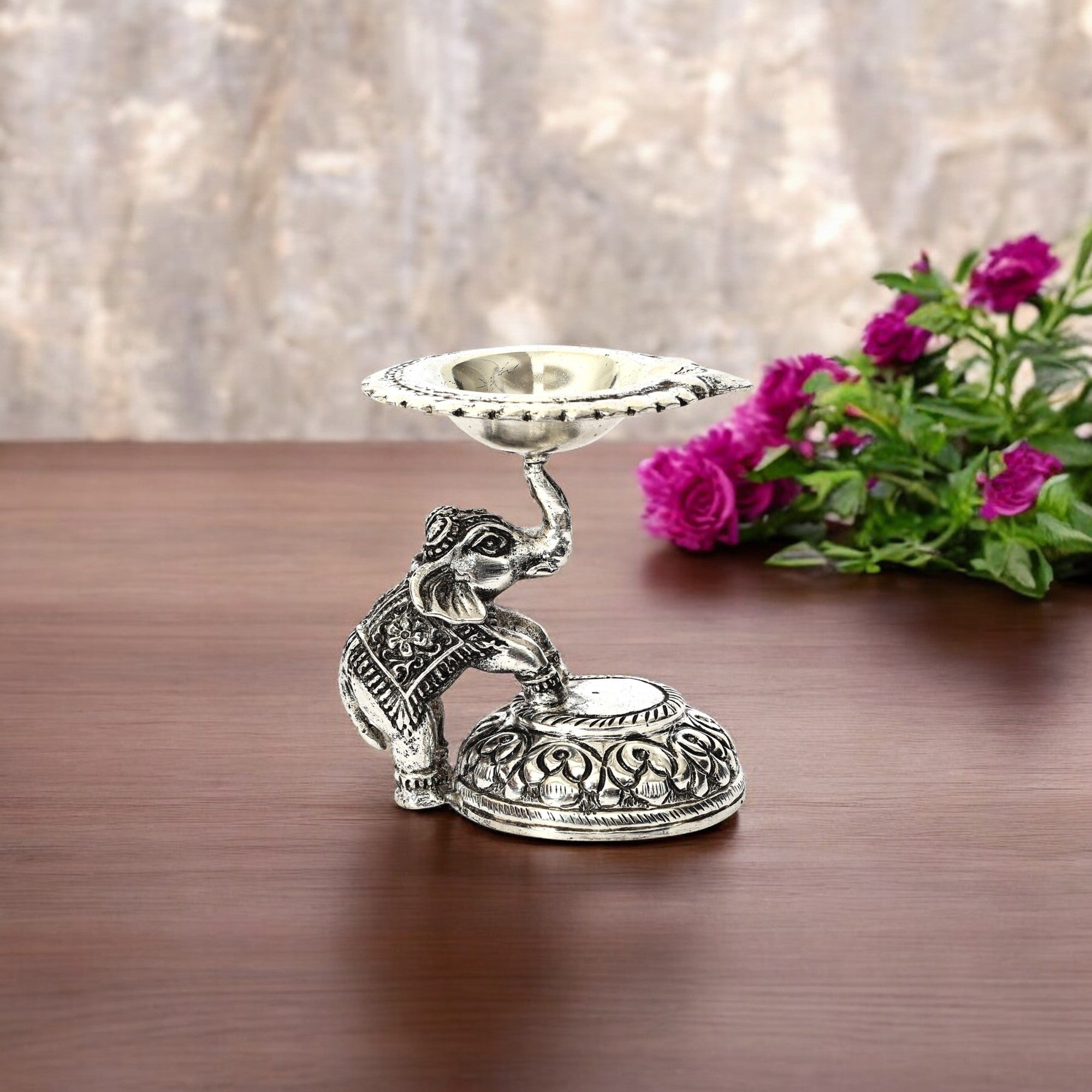 Handcrafted German Silver Elephant Diya - Traditional Indian Oil Lamp for Pooja & Home Decor