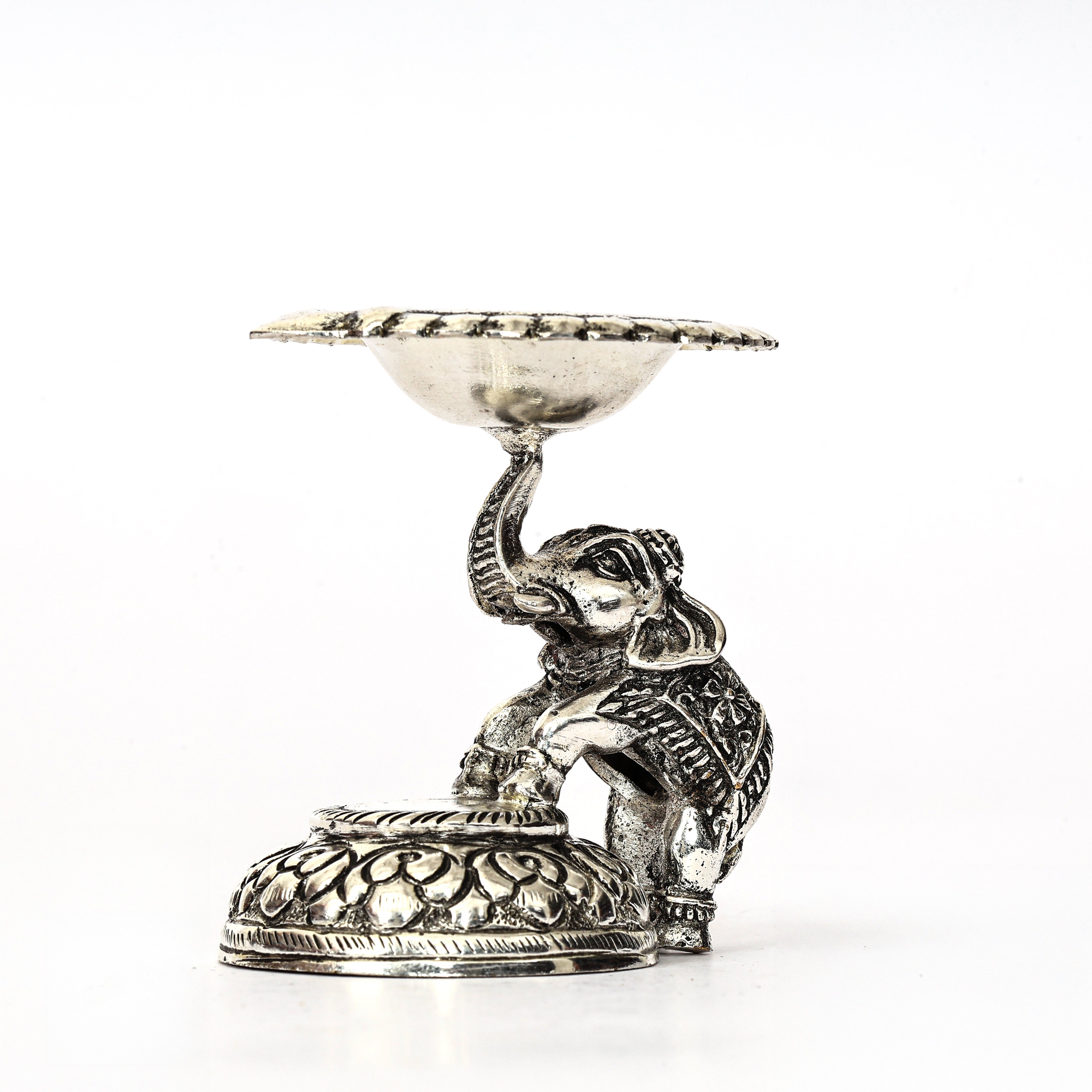 Handcrafted German Silver Elephant Diya - Traditional Indian Oil Lamp for Pooja & Home Decor