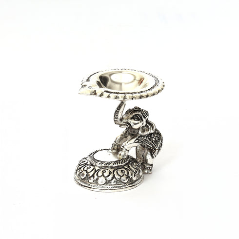 Handcrafted German Silver Elephant Diya - Traditional Indian Oil Lamp for Pooja & Home Decor