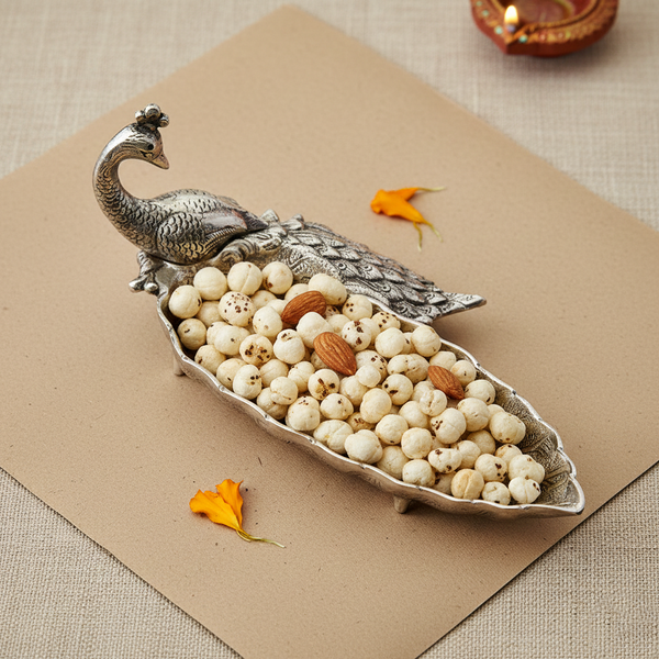 Handcrafted German Silver Peacock Snack Tray Indian Serving Dish