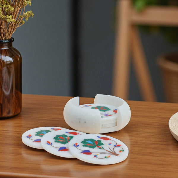 Handcrafted Green Marble Inlay Coasters (Set of 6) – Pacchikari Stone Inlay Technique