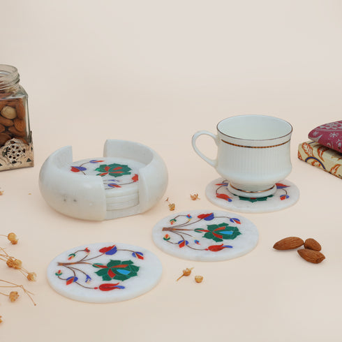 Handcrafted Green Marble Inlay Coasters (Set of 6) – Pacchikari Stone Inlay Technique