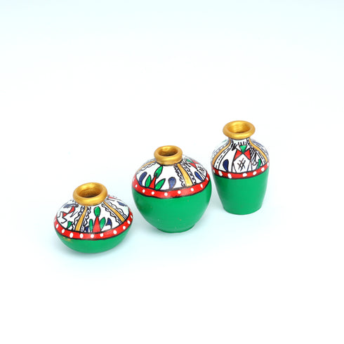 Handcrafted Green Terracotta Pots for Home Decor - Set of 3 - Warli Hand Painting