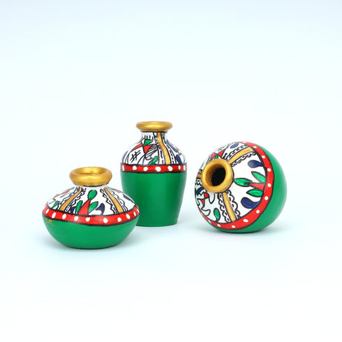 Handcrafted Green Terracotta Pots for Home Decor - Set of 3 - Warli Hand Painting