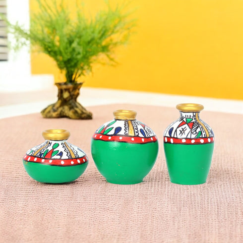 Handcrafted Green Terracotta Pots for Home Decor - Set of 3 - Warli Hand Painting