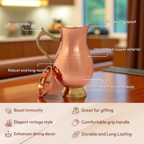 Handcrafted Hammered Copper Jug Pitcher with Lid