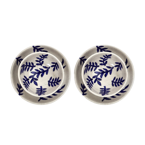 Handcrafted Jaipur Blue Pottery Bowl & Plate Set – Indigo Leaf Pattern